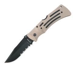 Ka-Bar Desert Mule Folder, Serrated, Black Blade, Tan Nylon Sheath